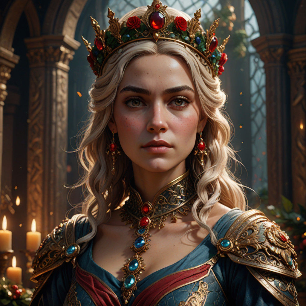 A close portrait of Queen Antigone on the Christmas day.