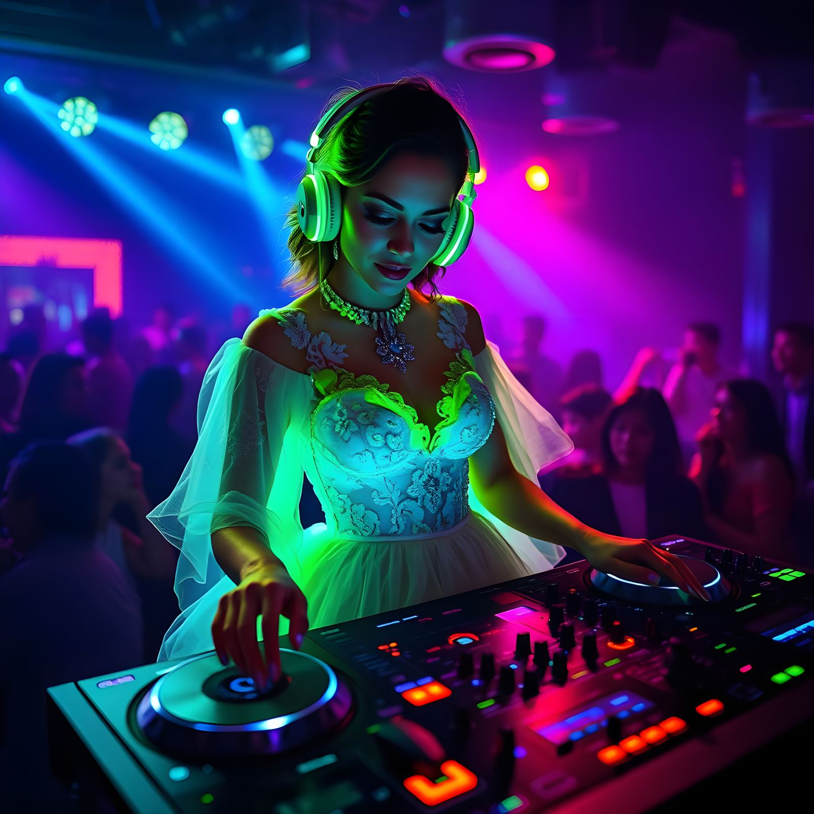 Female DJ in Glowing Gown, Club Scene in Matte Painting Styl...