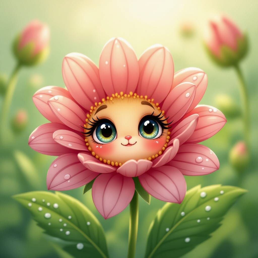 Whimsical Flower with Expressive Eyes in Storybook Style