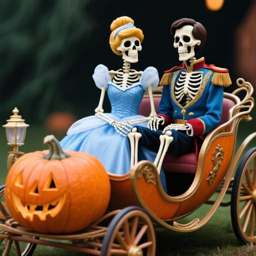 Skeleton Couple Rides Pumpkin Carriage in Gothic Wedding
