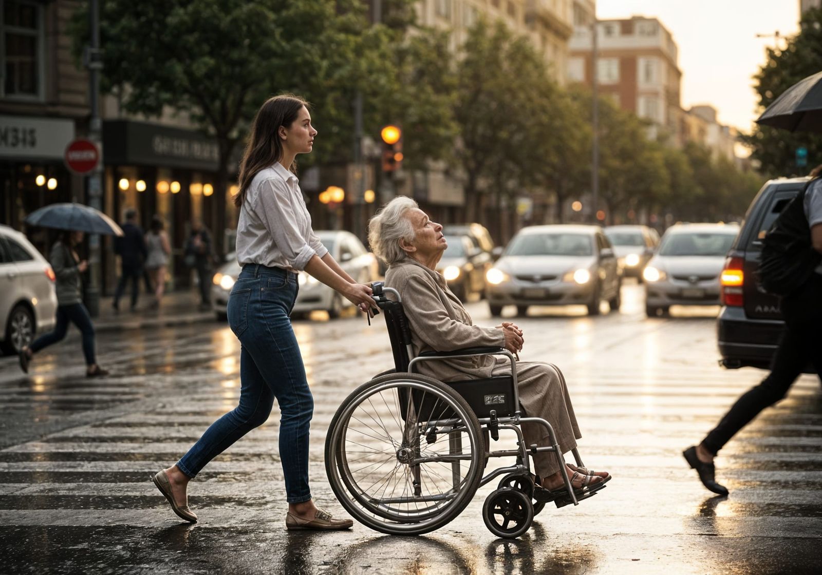 Kindness in Chaos: Woman Pushes Wheelchair in Golden Hour Ci...