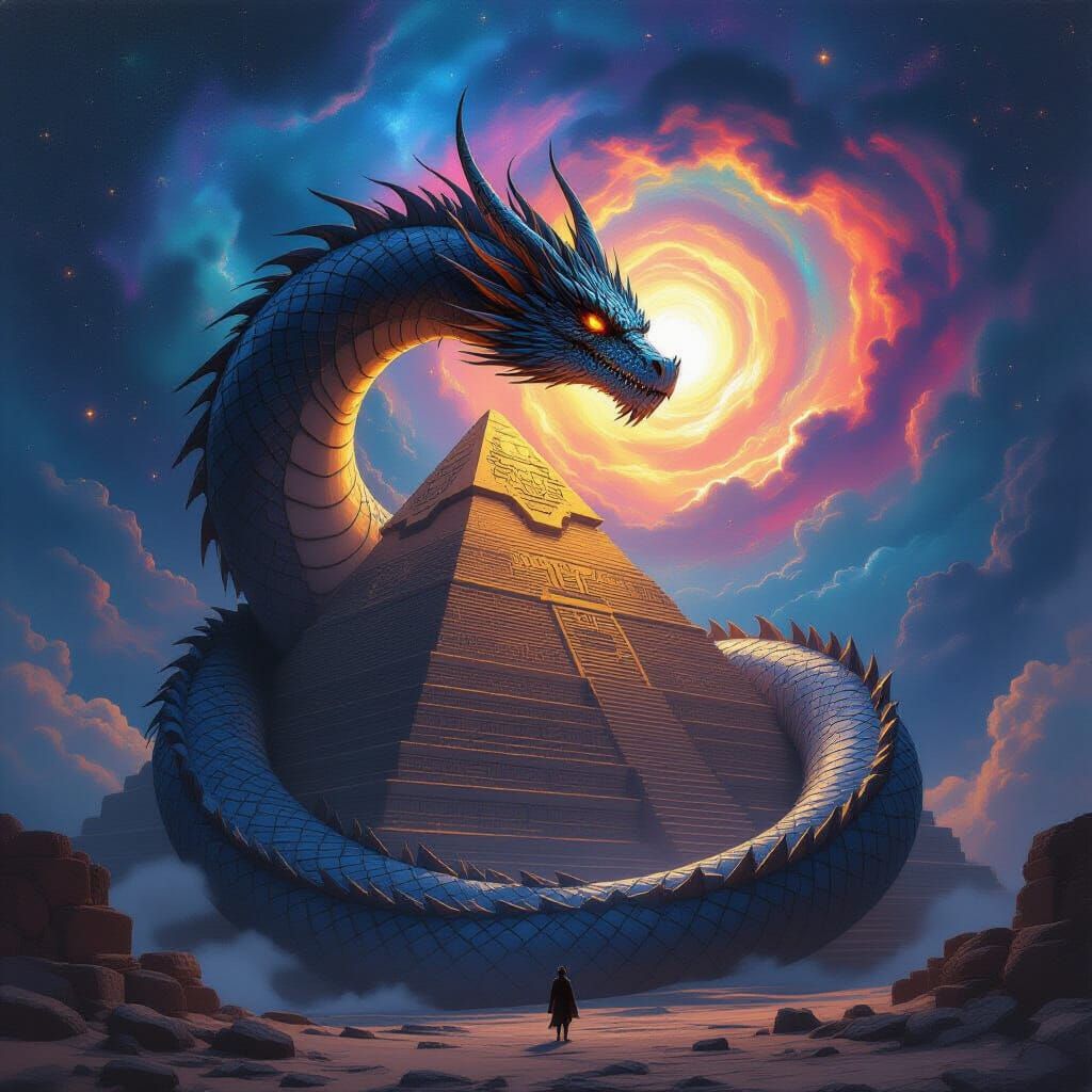 Obsidian Dragon Coiled Around Glowing Pyramid Under Nebula