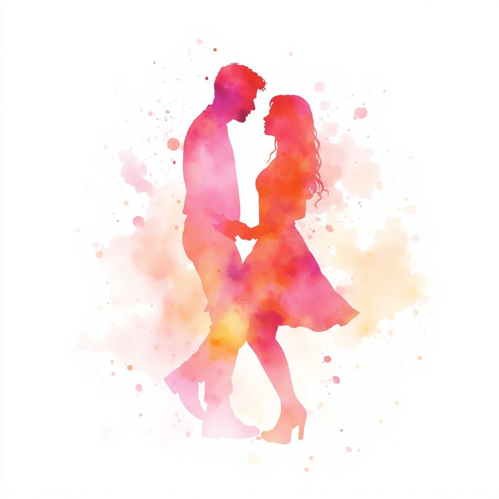 Watercolor Lovers Dancing Amidst Pink and Orange Clouds
