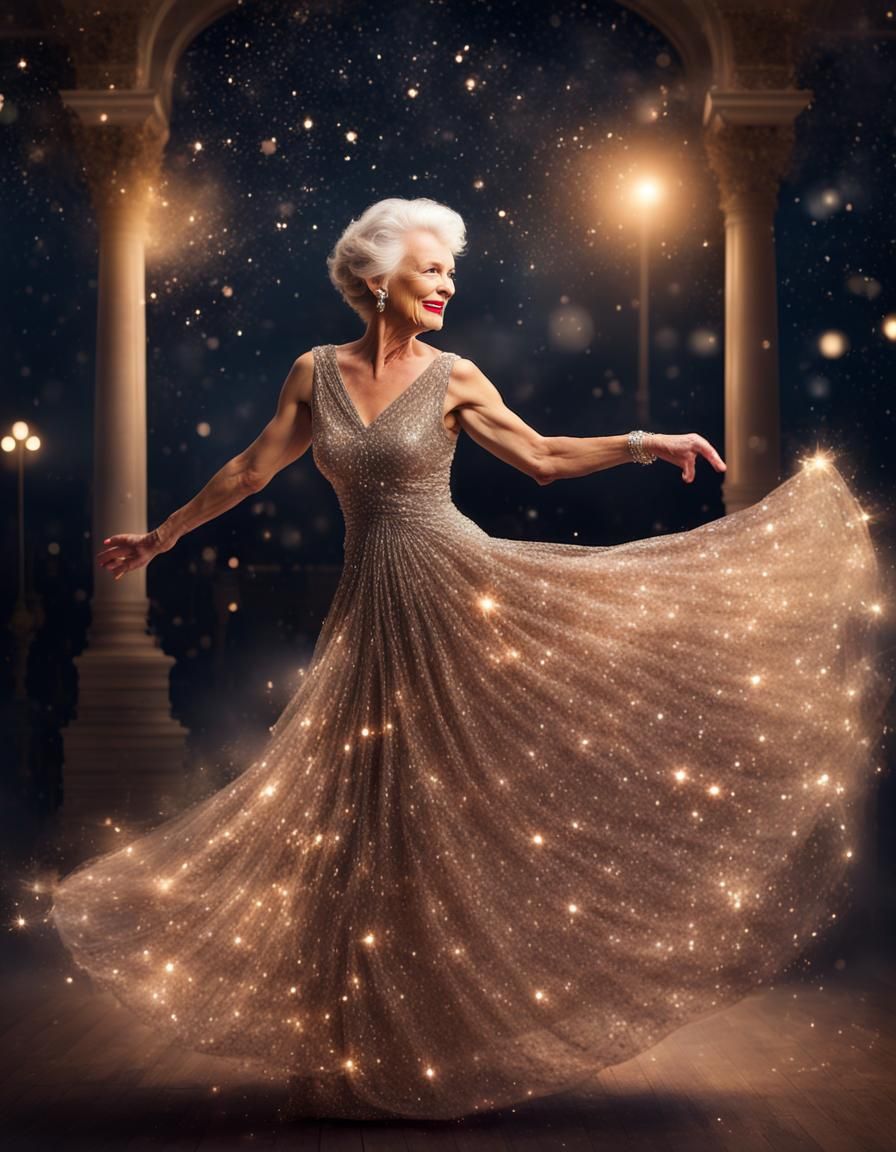 Glamorous Woman Dancing in Sparkling Evening Dress