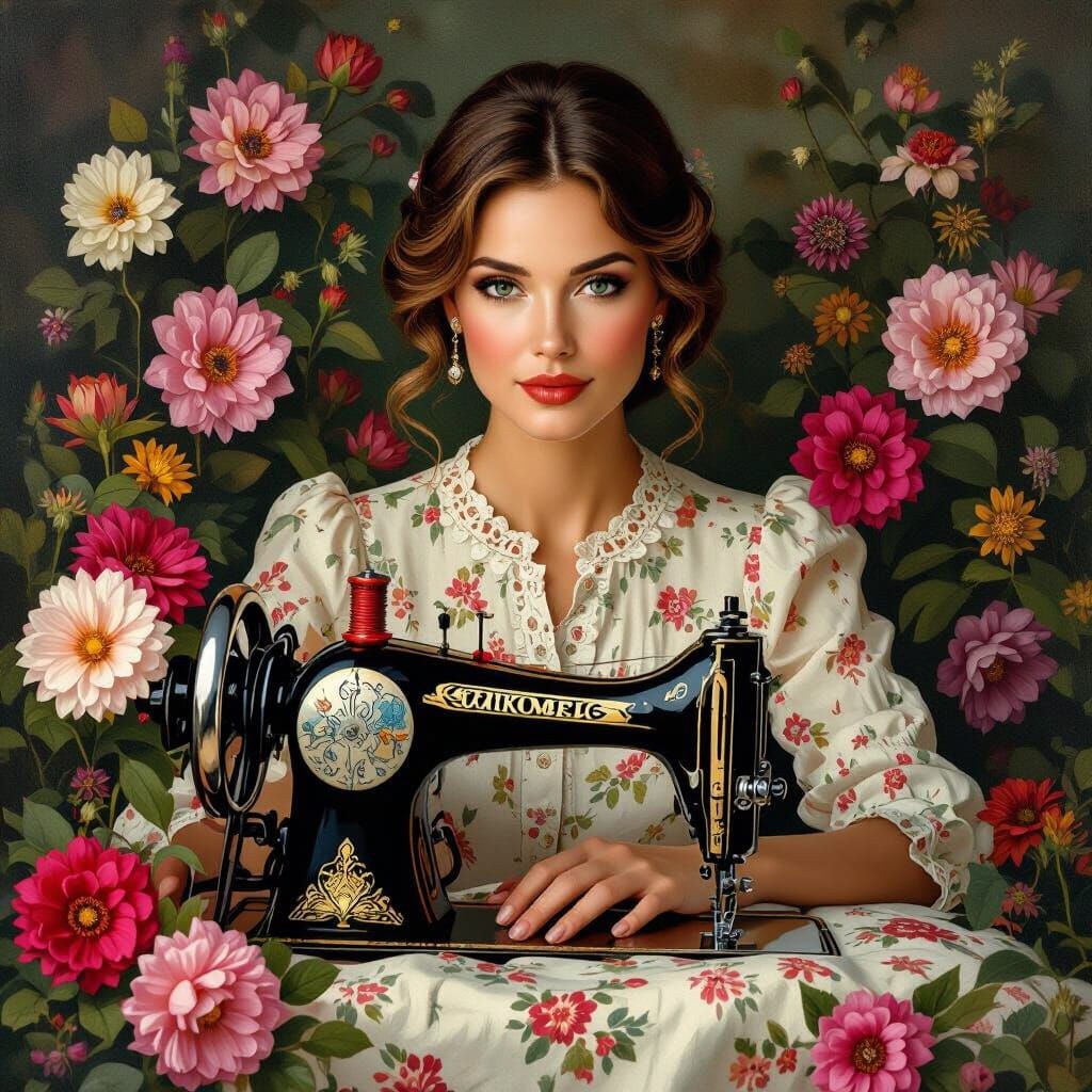 Elegant Woman with Floral Sewing Machine in Realistic Style
