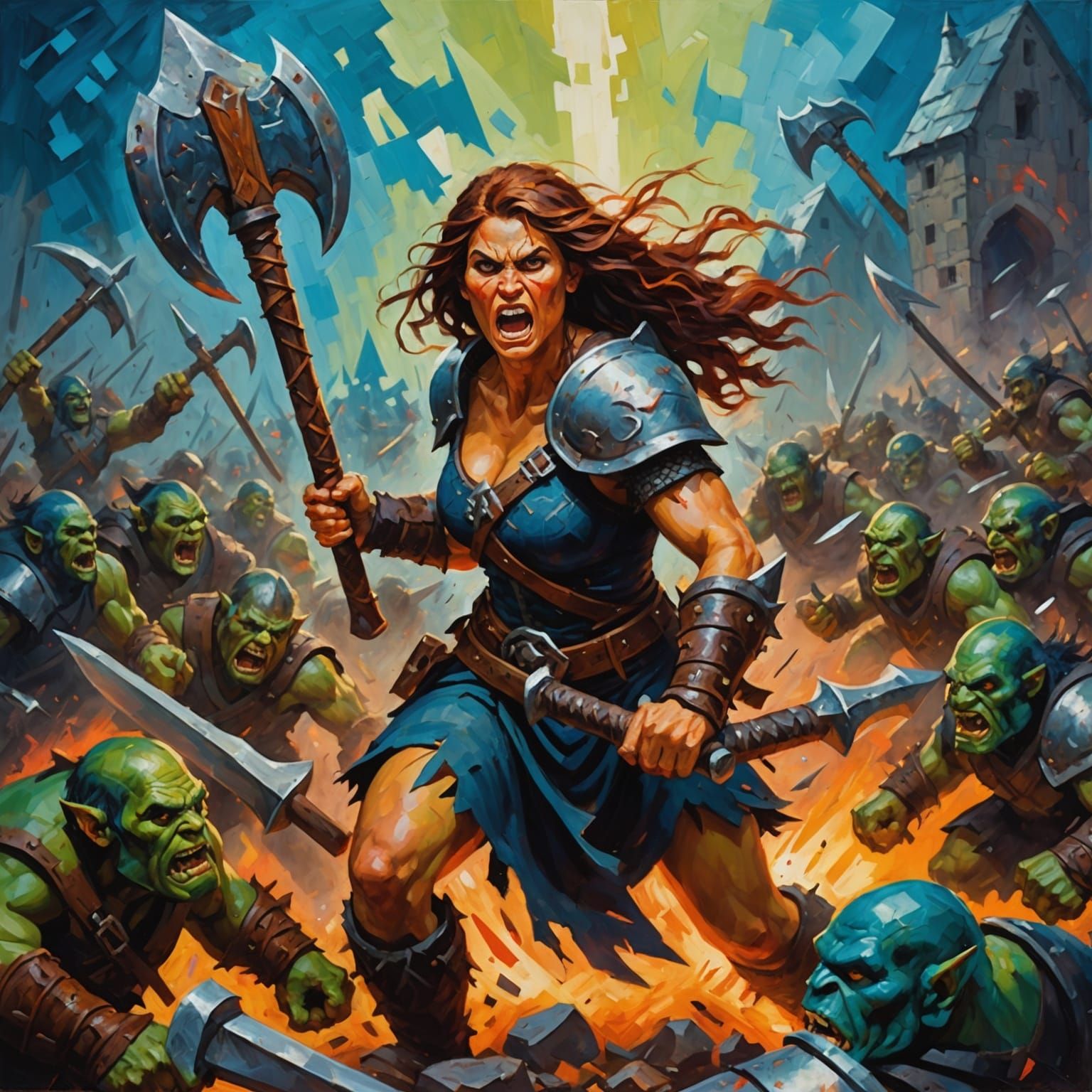 Barbarian Charging Orc Horde: Neo-Impressionist Oil Painting
