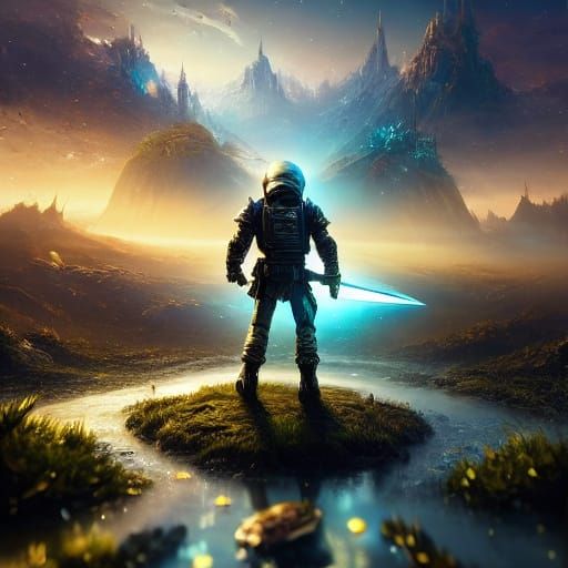 Alien Warrior with Sword in Vibrant Oil Painting