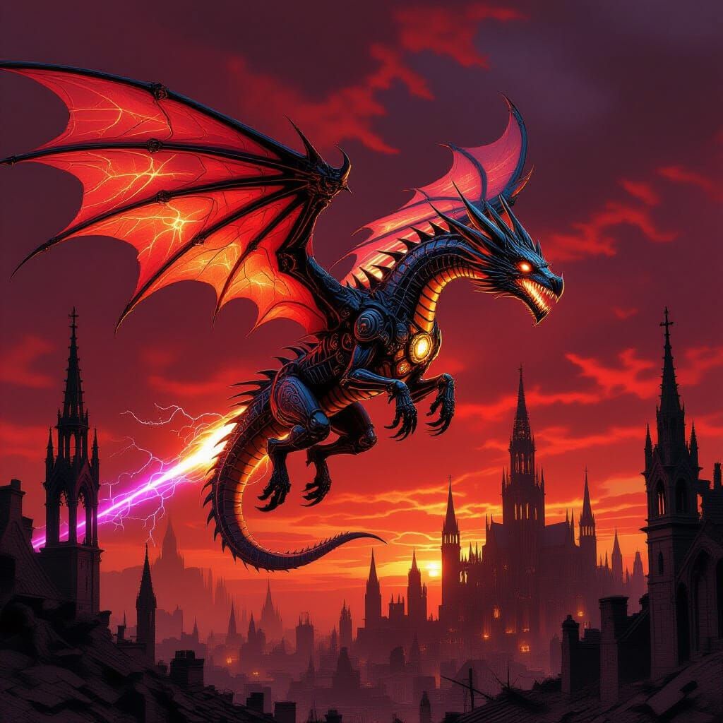 Biomechanical Dragon Soaring Over Gothic City in Dark Surrea...