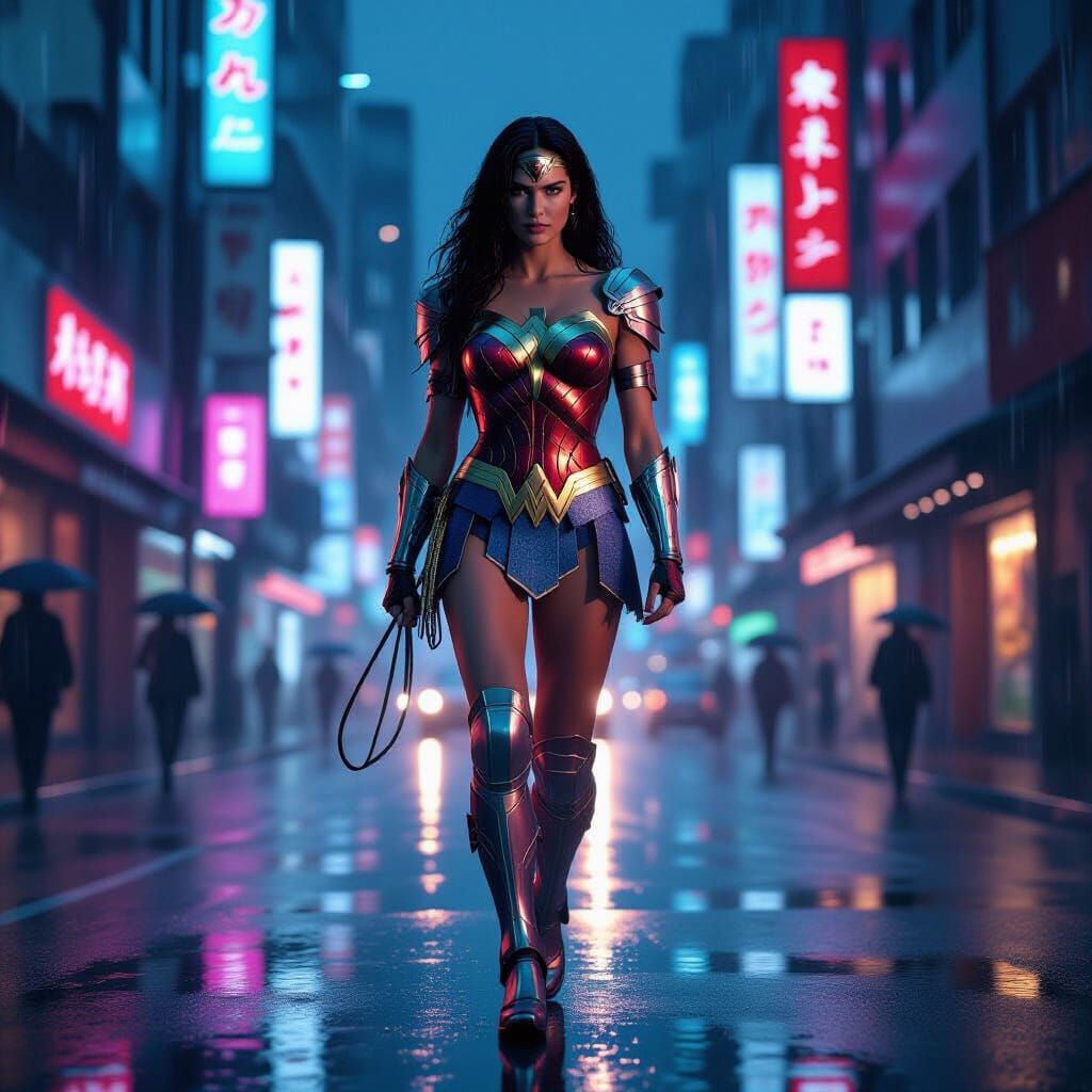 Cyberpunk Wonder Woman in Tokyo: Digital Painting