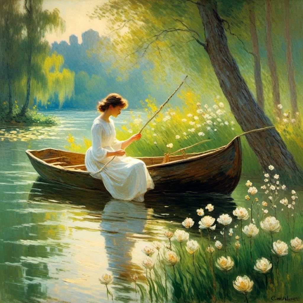 Impressionist Woman Sailing on Lake in Golden Light