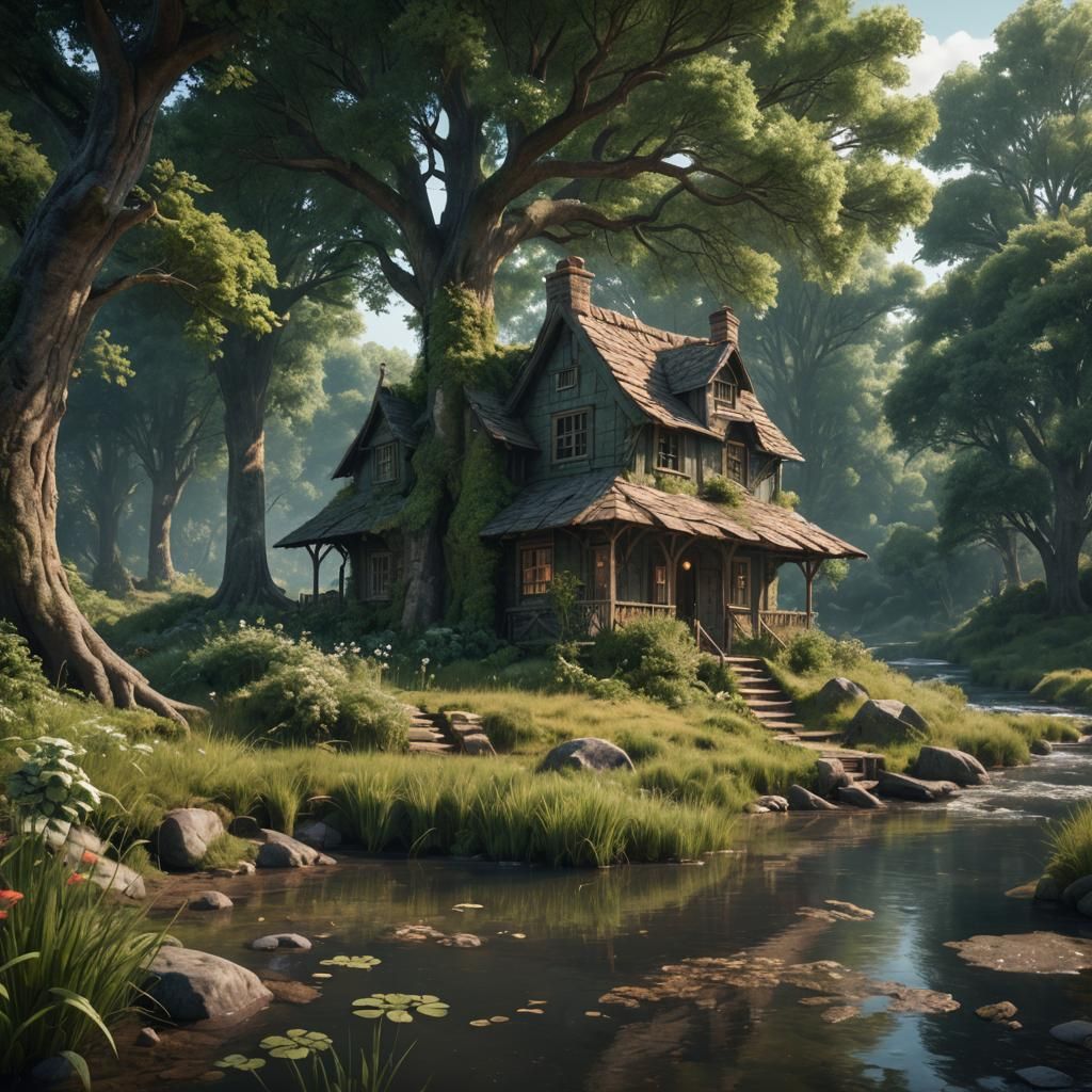 Abandoned Cottage by River: Detailed Matte Painting