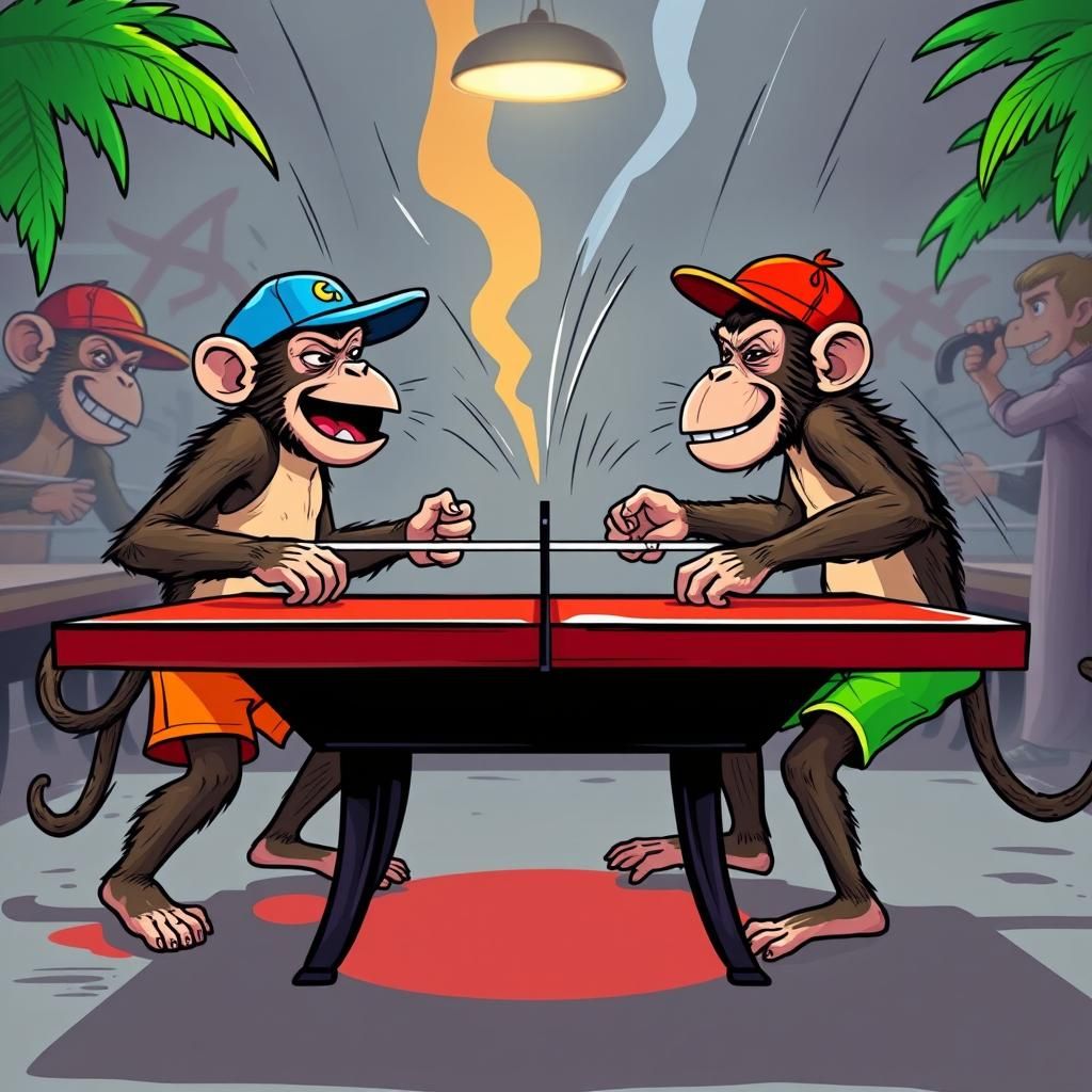 Monkeys Play Table Tennis in Vibrant Expressive Style