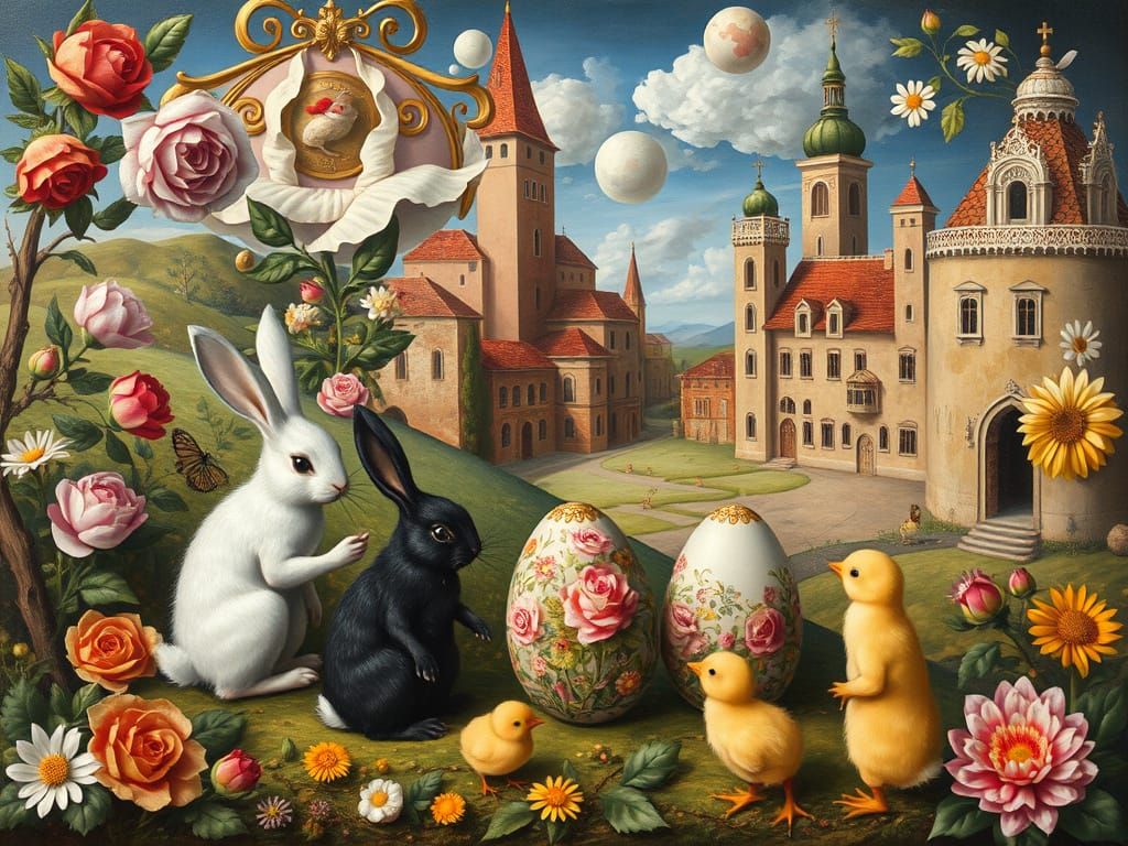 Whimsical Renaissance Landscape with Easter Motifs