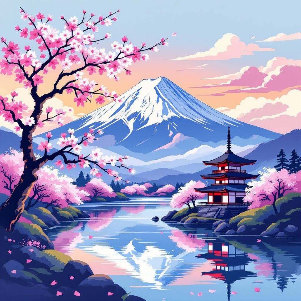 Japanese Cherry Blossoms with Mount Fuji: Digital Art