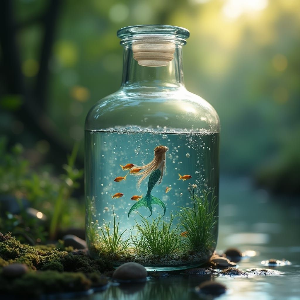 Glass Bottle Filled with Mermaids and Fish in a Shallow Pool...