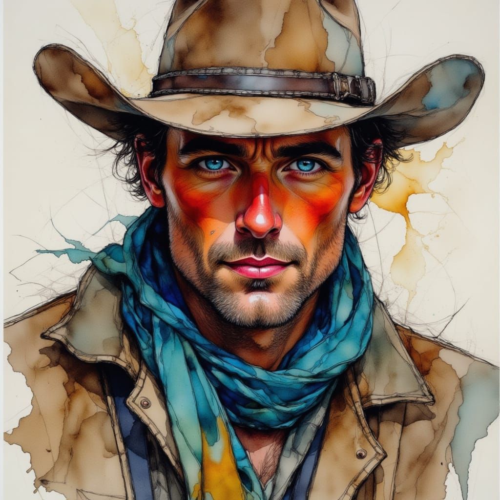 Rugged Cowboy Portrait in Alcohol Ink Sketch Style
