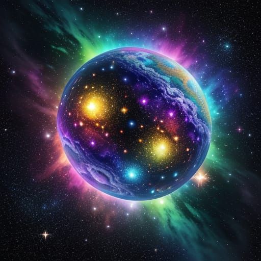 Asteroid Hits Colorful Pom Poms in Galaxy: Digital Art