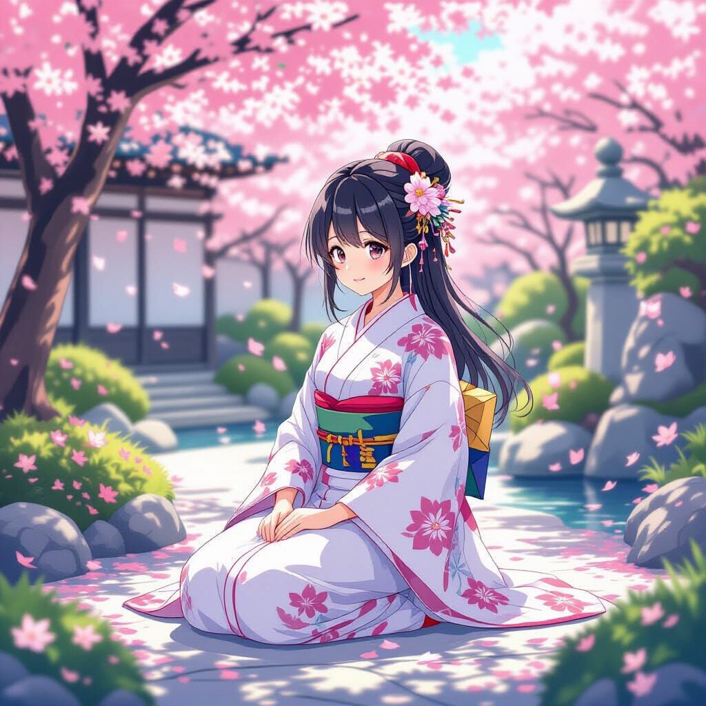 Monk Girl in Anime Style Garden Scene