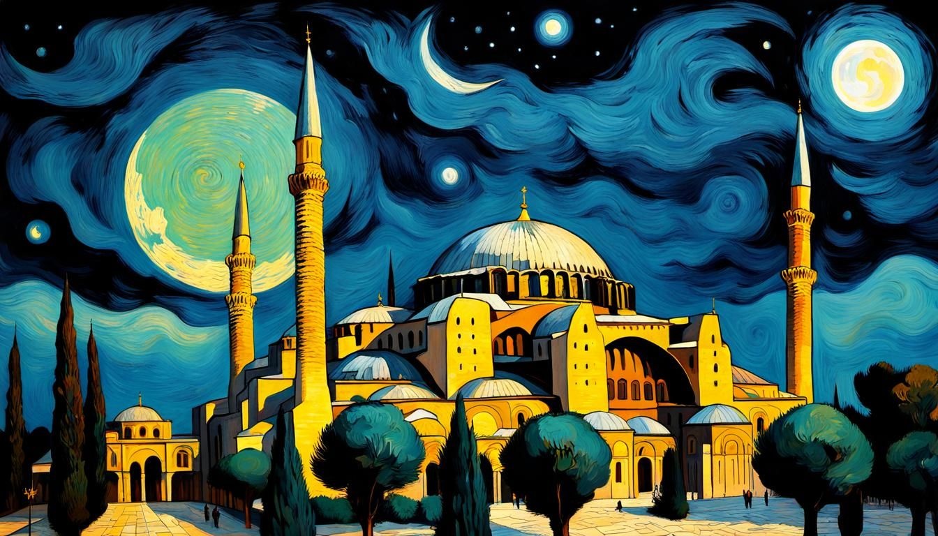 Hagia Sophia in moonlight, van gogh style, full moon