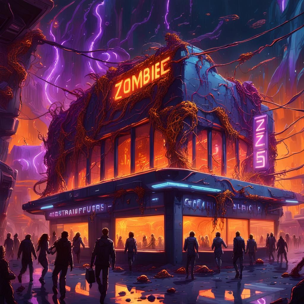 Zombie Horde Attacks Futuristic Restaurant, Epic Fantasy Art