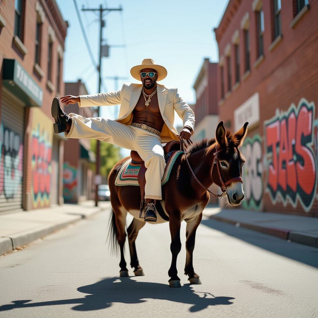 MC Hammer Dances on Donkey in Realistic Photo
