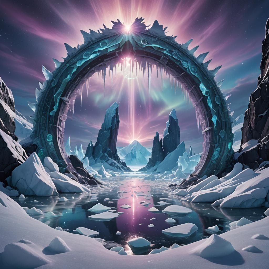 Iridescent Antarctic Portal with Bioluminescent Flora