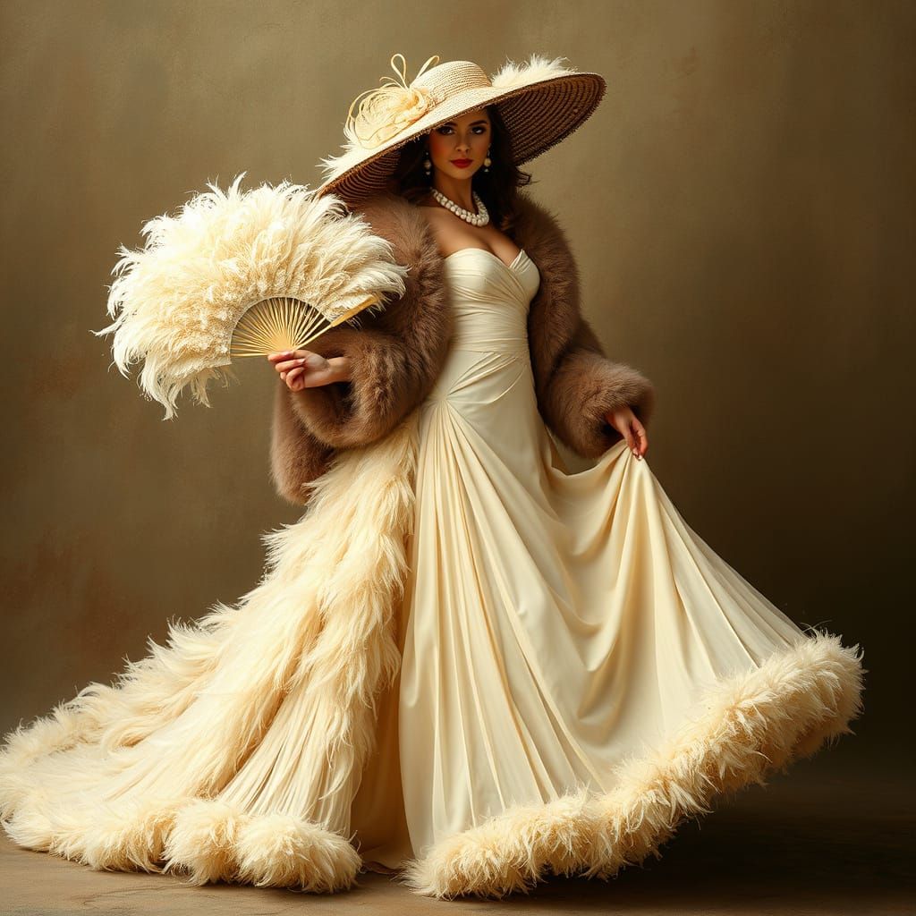 Elegant Diva in Feathered Dress, Romantic Style