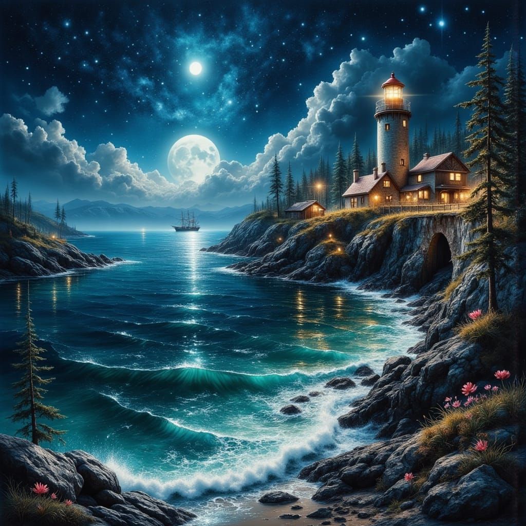 Picturesque Lighthouse Harbor Under Moonlight