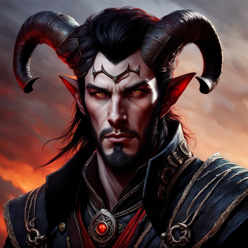 Hyperrealistic Tiefling Warlock Portrait as a Weathered Sail...