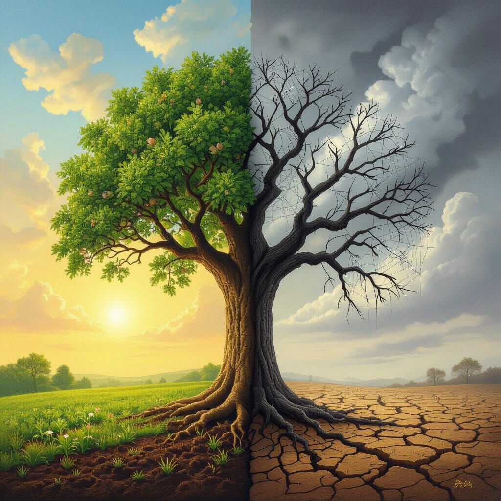 Symbolic Tree Painting Contrasting Life and Decay