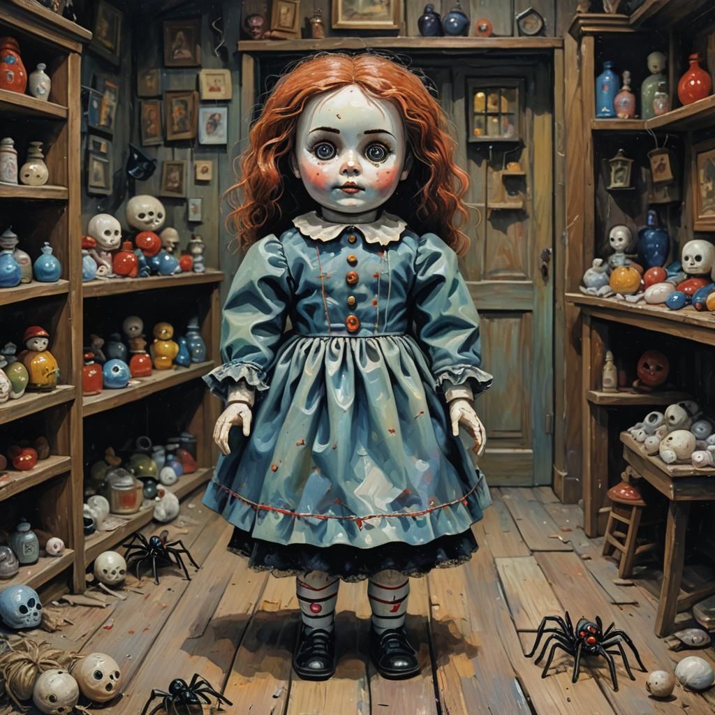 Eerie Cursed Doll in Spooky Toy Shop, Impasto Painting