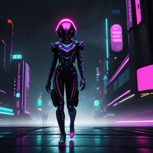 Futuristic African Woman in Neon Cityscape