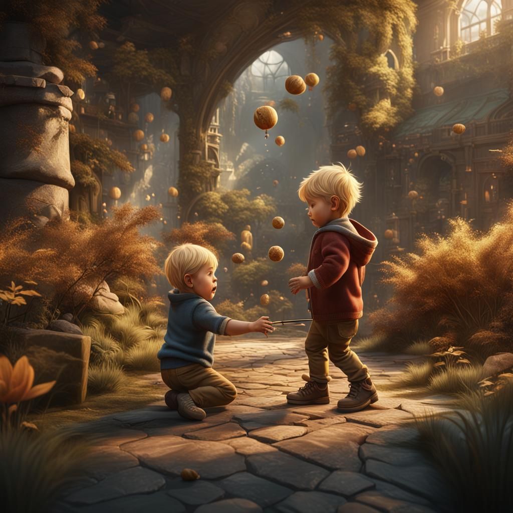 Blond Toddler and Boy Play: Detailed Fantasy Art