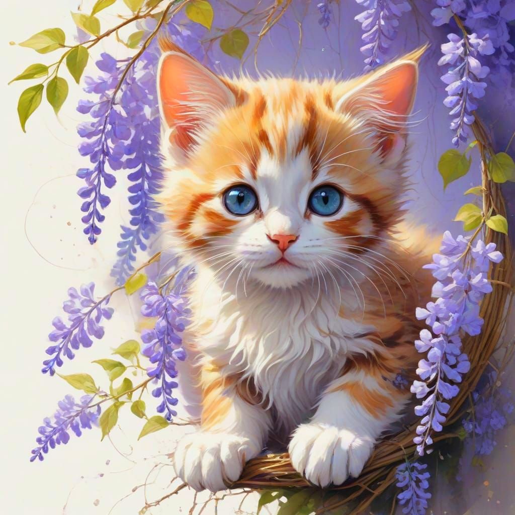 Whimsical Wisteria Kitten Adventure in Vibrant Watercolor