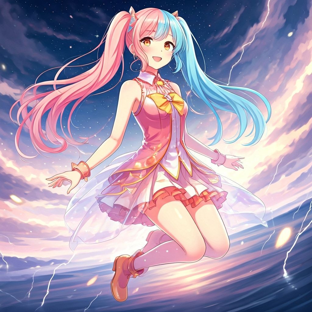 Anime Teen Girl Floating in Thunderstorm