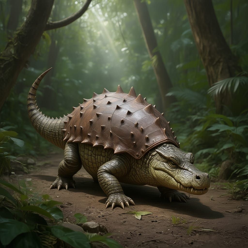 Ankylosaurus Crocodile Hybrid in Prehistoric Jungle