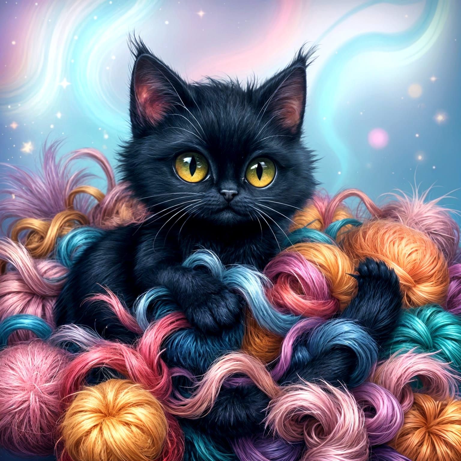 Whimsical Feline Among Rainbow Wool
