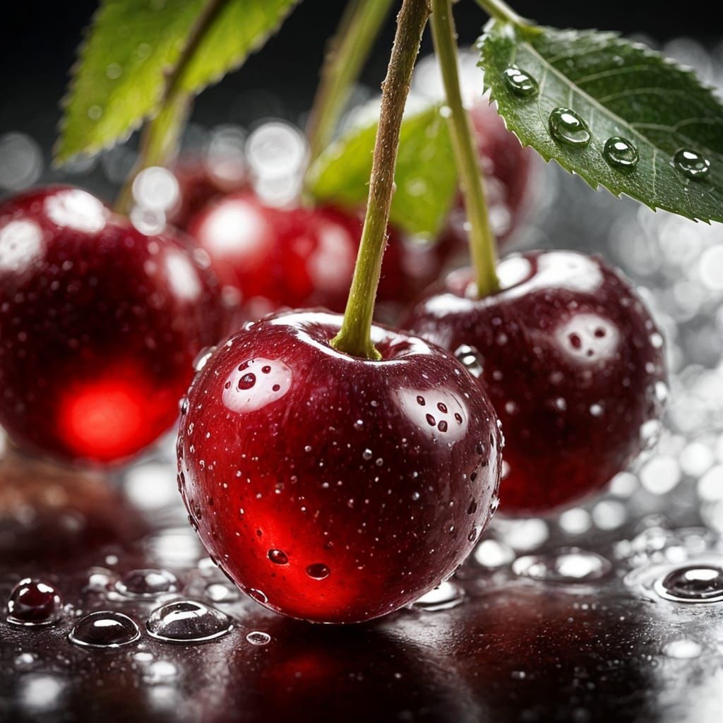 Hyperrealistic Cherry with Water Droplets in Sunlight