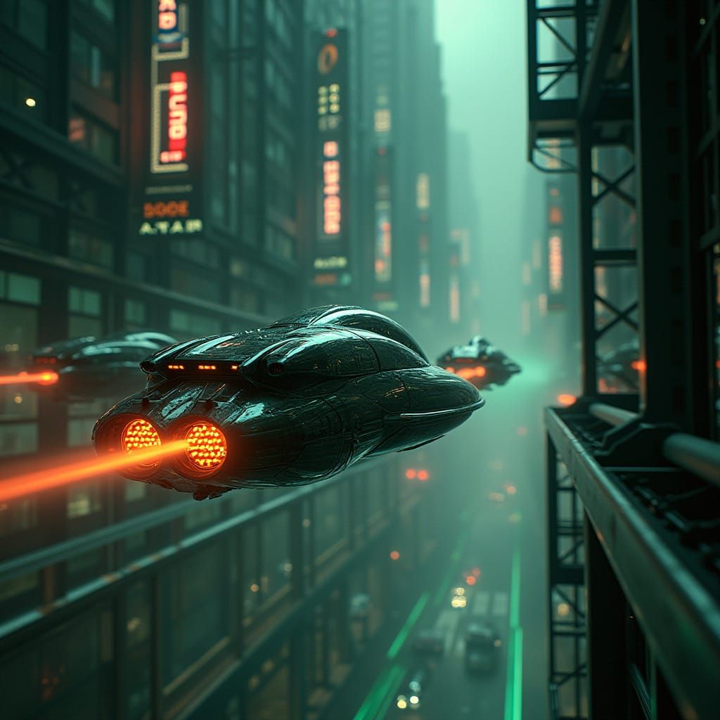 Futuristic Metropolis with Bioluminescent Hovercrafts