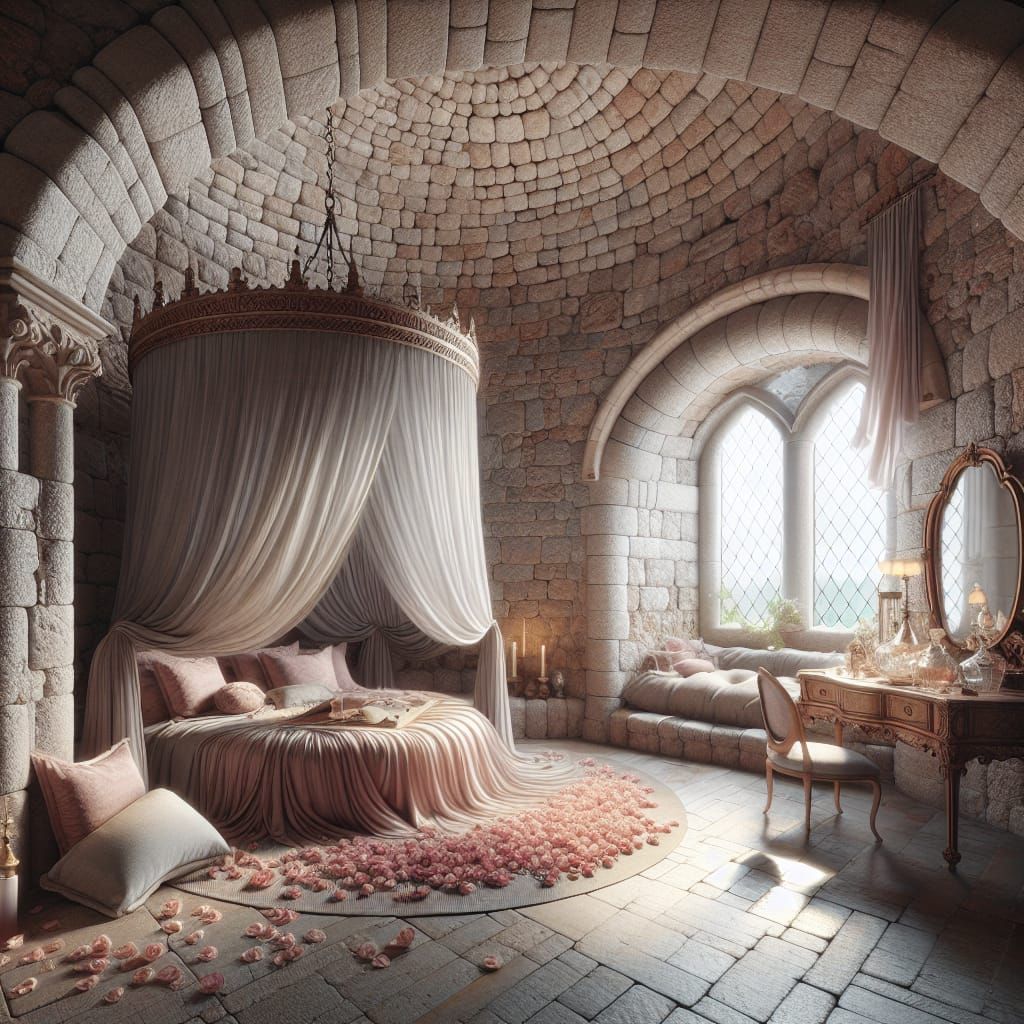 Ancient Castle Chamber with Round Bed and Stone Walls