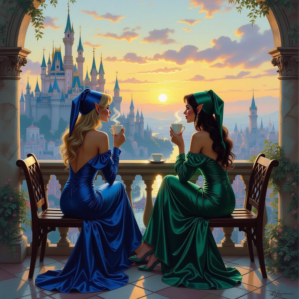Elves Sip Coffee at Sunrise: Oil Painting Style