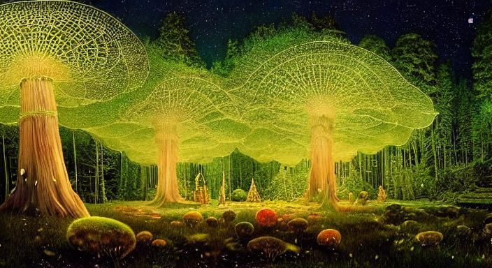 Surreal Mycelium Village with Fireflies in Glass Forest