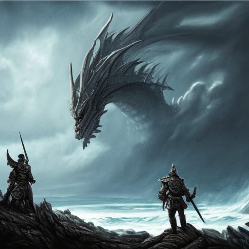 Knight Gazes at Stormy Ocean on Windswept Cliff