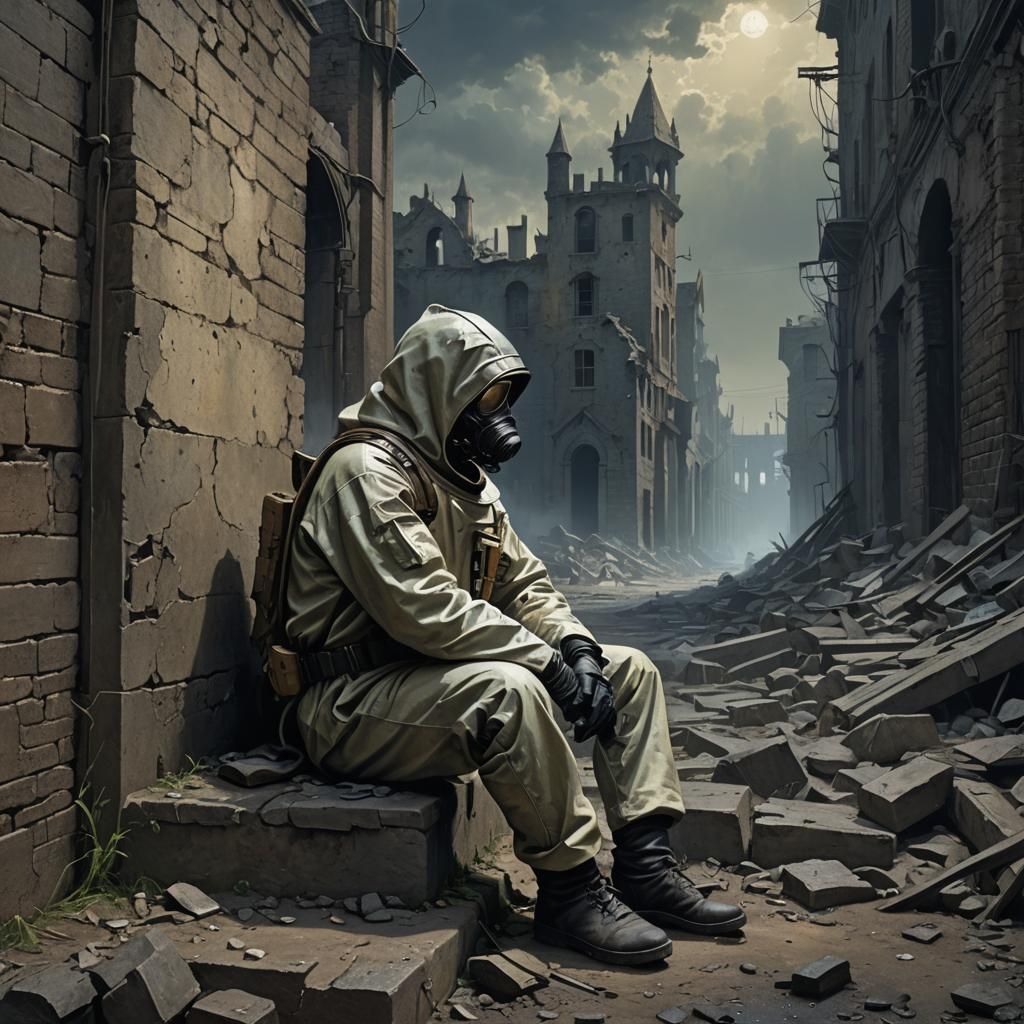 Hazmat Suited Man Contemplates Abandoned Cityscape