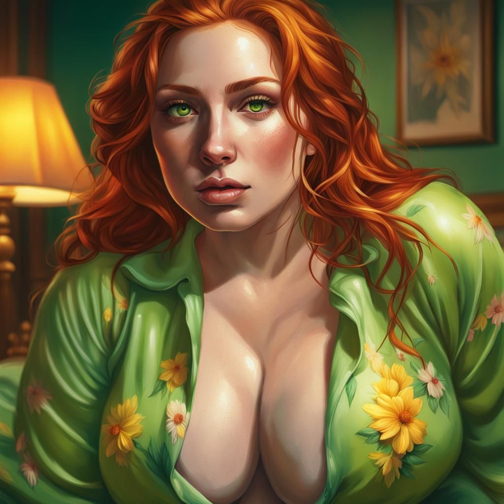 Redhead in Green Pajamas: Hyperrealistic Splash Art