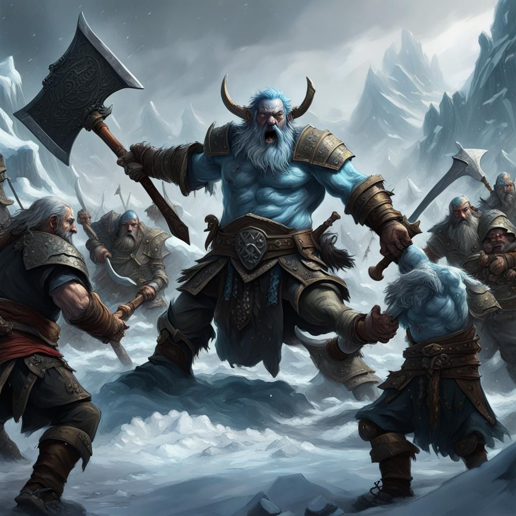 Frost Giant Pirates Clash with Dwarves: Dark Fantasy Art