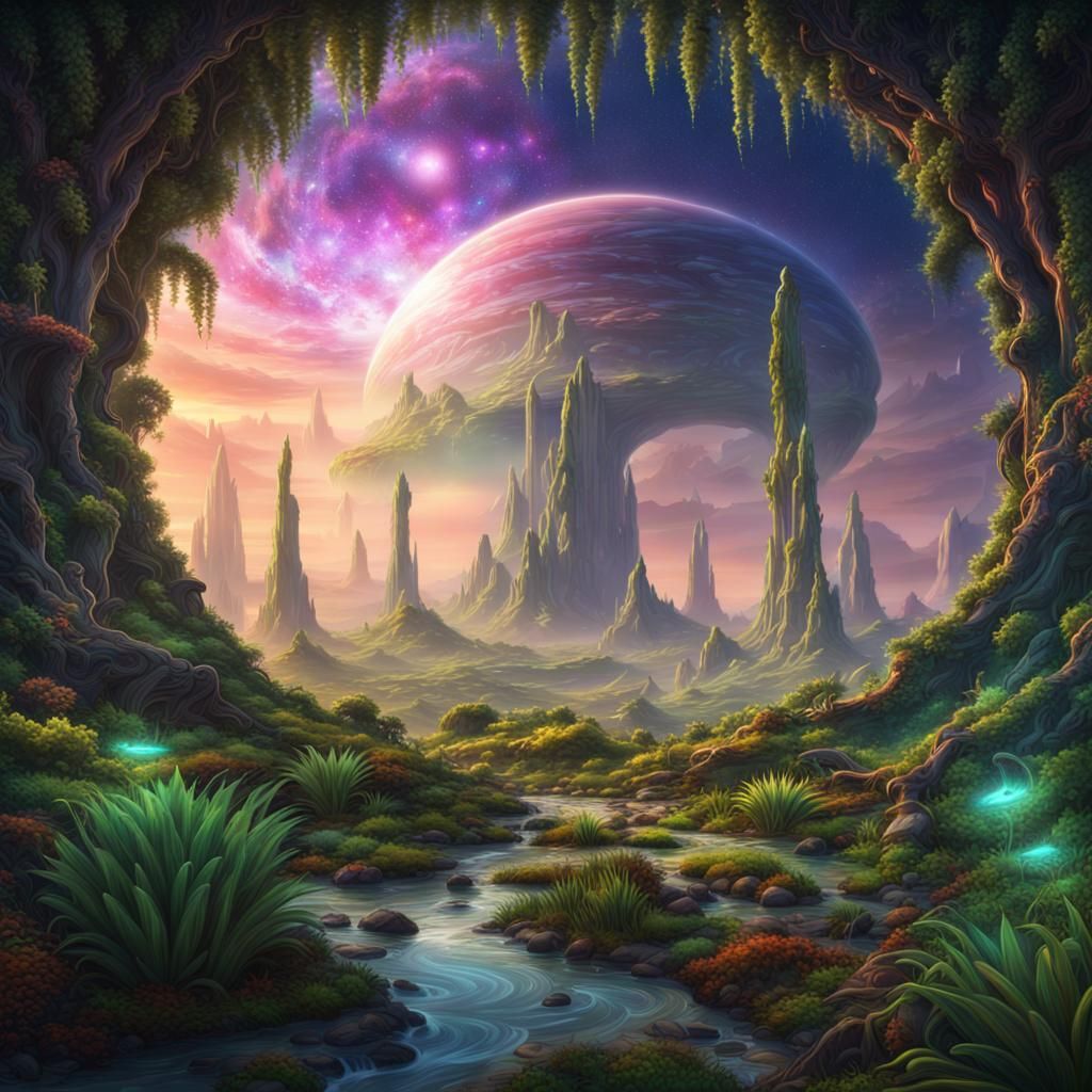 Lush Alien World: Galaxy Portal in a Fantasy Art Style