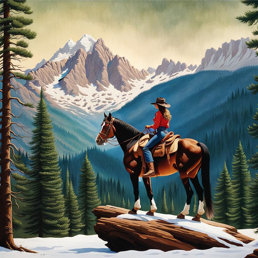 Cowgirl on Horseback in Evergreen Forest, Photorealistic Ill...