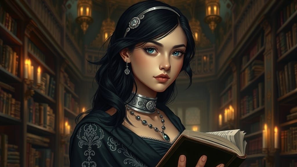 Captivating Young Wizardess in Opulent Library