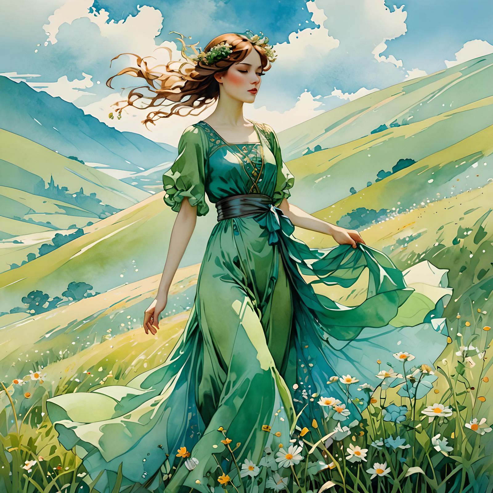 Woman in Green Dress: Watercolor Art Nouveau Illustration